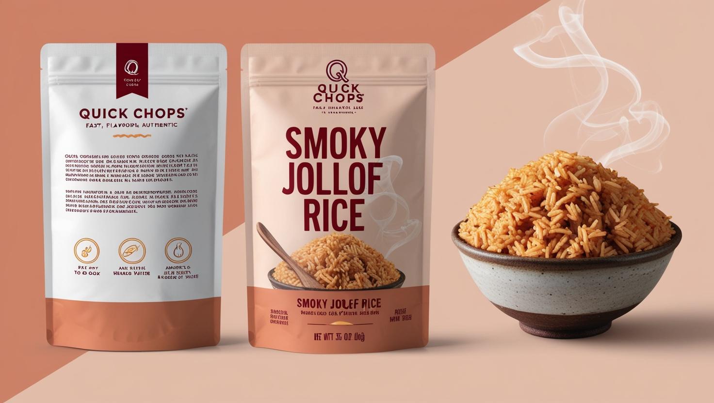 Quick Chops Smoky Jollof Rice package showing authentic Nigerian-inspired design with warm colors